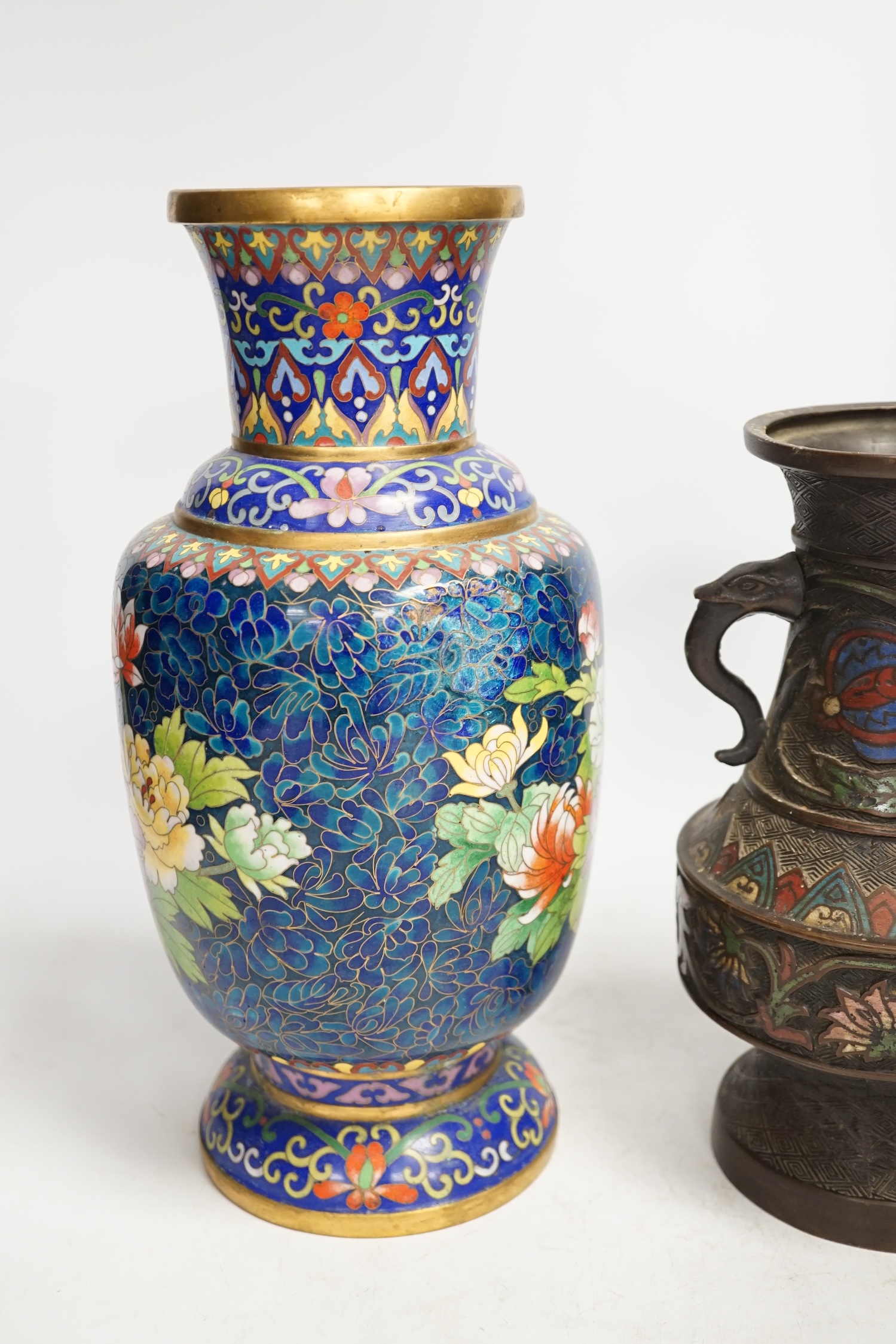 A Japanese bronze and champlevé enamel vase and a Chinese cloisonné enamel vase, Champlevé vase 24cm high. Condition - cloisonné vase dented, champlevé vase in good condition